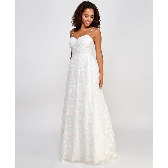 City Studios Floral‎ Embroidered Tulle Bustier Gown Ivory/Pink Prom Formal